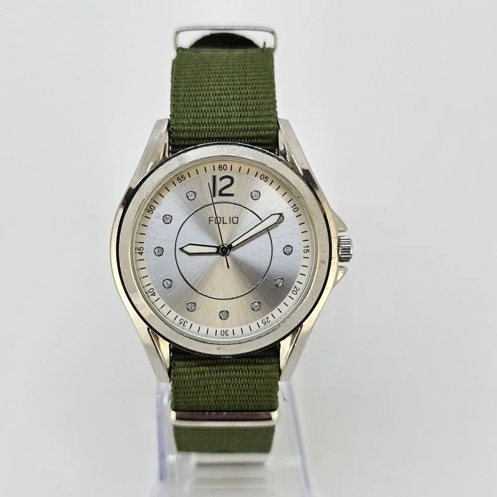 Folio Men's Analog Watch 38MM Gray Dial NEW Army Green Canvas Band NEW Battery